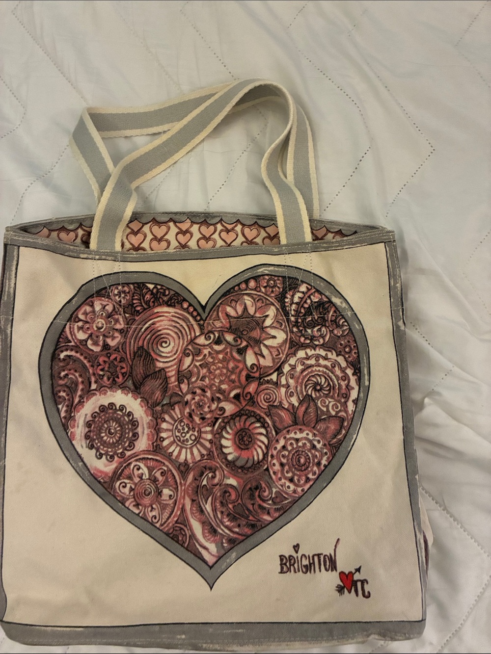 Brighton Cream Tote with Pink Paisley Heart Design